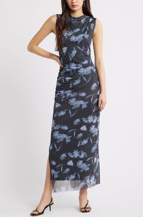 Open Edit Mesh Body-Con Maxi Dress in Blue Falling Floral at Nordstrom, Size Large