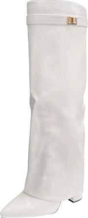 Generic Women Faux Leather Knee High Fashion Fold Over Ladies Block Heel Comfy Boots (White, UK Footwear Size System, Adult, Women, Numeric, Medium, 4)