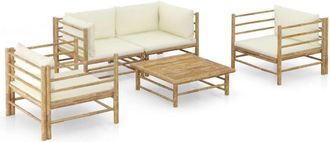 vidaXL Set De Muebles De Jard&iacute;n 5 Piezas Bamb&uacute; Y Cojines Blanco Crema Vidaxl