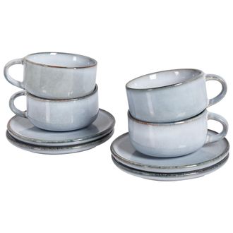 Beliani Beliani - Conjunto De 4 Tazas Con Platillos Para T&eacute; Caf&eacute; De Gres Caol&iacute;n Artesanal Acabado Esmalte Reactivo Azul Claro Juniper
