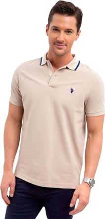 U.S.Polo Association Mens Slim Fit Tipped Interlock Knit Polo, Khaki Heather, XL