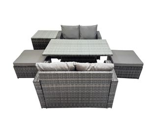Fimous 6-seater Rattan Garden Furniture Set with 2 Big Stools Side Table in Dark Grey
