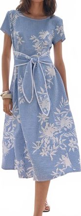 Joseph Ribkoff Floral Stripe Fit And Flare Dress In Vanilla/blue