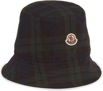 Moncler Logo Patch Plaid Bucket Hat in Blue at Nordstrom, Size X-Large