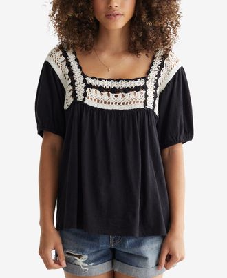 Lucky Brand Womens Crochet Square Neck Cotton Knit Top Black Size Small