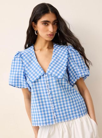 Icone Womens Peter Pan collar balloon-sleeve seersucker blouse