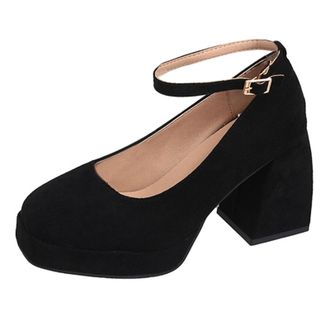 Generic Womens Elegant Suede Chunky Heel Square Toe High Heels Fashion Casual Shoes Comfortable Evening Shoes Thick Sole for All Occasions, black, 8.5 UK