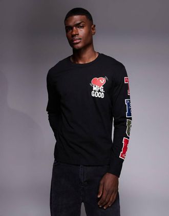 True Religion T-shirt a maniche lunghe nera con grafica del logo e stampa sulle maniche-Nero