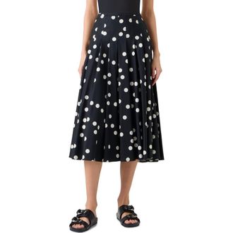 Akris Pleated Polka Dot Cotton Sateen Midi Skirt in Black-Cream at Nordstrom, Size 12