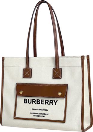 Burberry Brown Ivory Canvas Leather Handbag Tote Bag (Pre-Owned)