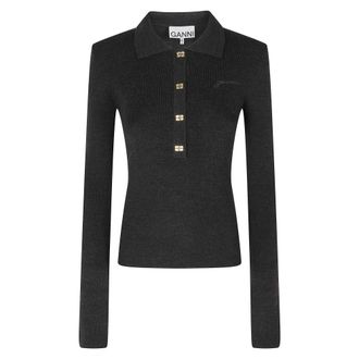 Ganni Mini Ribbed Merino Polo - - Knitwear - Donna - Nero - S
