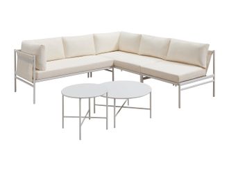 Vente-Unique Sal&oacute;n de jard&iacute;n modular de acero: 2 sof&aacute;s rinconeras, 1 sill&oacute;n y mesas nido - Blanco - ULAME de MYLIA