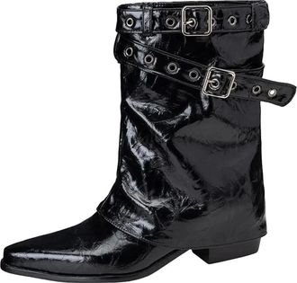 Generic Womens Mid Calf Boots Pointed Toe High Block Heel Slip On With Metal Decoration For A Chic Modern Statement