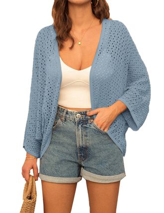 Grace Karin Summer Cardigans for Women UK Lightweight, 3/4 Batwing Sleeve Open Front Crochet Cardigan, Casual Loose Drape Waterfall Beach Cover Up Grey Blue