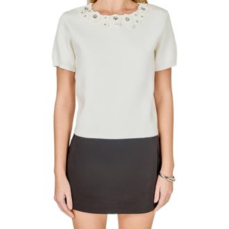 endless rose Embellished Floral Appliqu&eacute; Short Sleeve Sweater in Off White at Nordstrom, Size X-Small