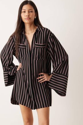 Asos Vestito camicia corto nero e rosso a righe con polsini ampi e tasche oversize