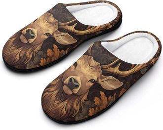 Generic Forests Deers King Slippers Men Winter Warm Cotton Anti-Slip Indoor Slip-Ons House Shoes