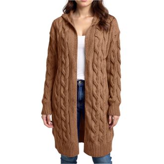 Generic Casual Mid-Length Cardigan Jacket for Womens UK Elegant Simple Solid Color Cable Hooded Knitted Sweater Coat Layering Piece for UK Weather 01-Light Br