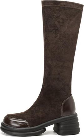 Generic Womens Knee-High Suede PU Leather Boots Round Toe Layered Chunky Platform Block Heels Stretchy Slip On Soft Lining Cushioned Insole Durable Outsole,Br