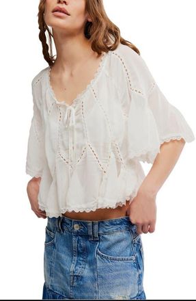 Free People Michelle Lace Trim Top in Clean Ivory at Nordstrom, Size X-Large