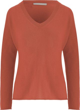 Allude Ribbed V-Neck Cashmere Sweater in Warm Orange-Red