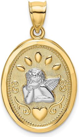 Diamond2Deal 14k Yellow Gold and White Rhodium Oval Cherub with Heart Oval Charm Pendant