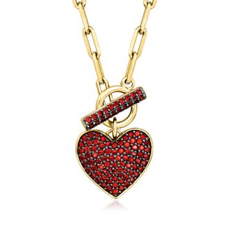Ross-Simons Garnet Heart Toggle Necklace in 18kt Gold Over Sterling