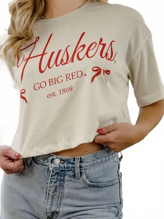 Bella + Canvas Huskers Bow Cropped Tee In White