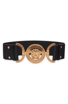 Versace La Medusa Wide Elastic Belt in Black-Versace Silver at Nordstrom, Size Medium