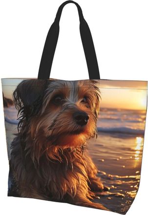 Generic Dog On Beach Shoulder Bag Lightweight Shopping Bag Large Capacity Shopping Bags For Work Picnic Yoga