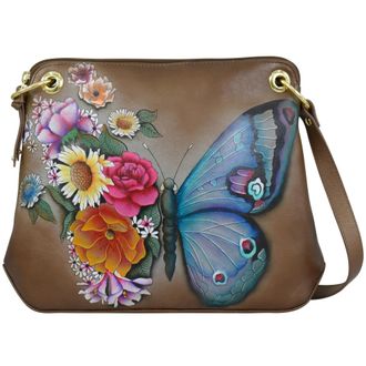 Anuschka Womens Hand-Painted Genuine Leather Crossbody Sling Bag - Butterfly Blooms Bronze