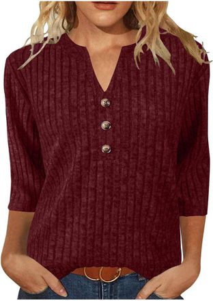Generic Womens Sweaters 3/4 Length Sleeve Tops V Neck Button Jumpers Womens Top Knit Stripe Fall Ladies Sweatshirts Jumpers Solid Color Workout Plus Size Acti