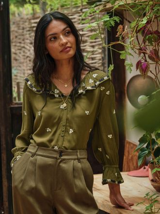 Fat Face FatFace Etta Olive Green Embroidered Blouse