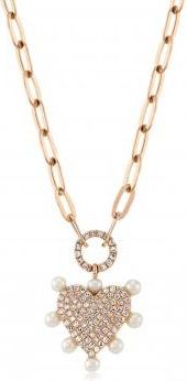 Allurez Diamond Cultured Pearl Paper Clip Heart Pendant Necklace 14K Rose Gold (0.22ct)