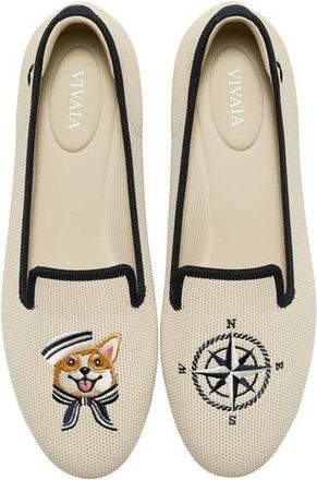 Vivaia Audrey Round-Toe Embroidered Loafers in Cream Ivory/navy-Sailor Corgi at Nordstrom, Size 8.5