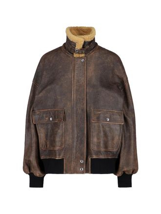 Khaite Distressed Brown Leather Jacket with Shearling Collar