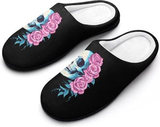 Generic Transgender Trans Skull Roses Cotton Slippers for Women Memory Foam Comfy House Shoes with Anti-Skid Rubber Sole