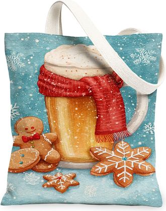 Generic Winter Gingerbread Canvas Tote Bags, Biscuits Design Reusable Grocery Bags, Vintage Snowflake Lightweight Washable Shoulder, Blue, 13x15 Inch