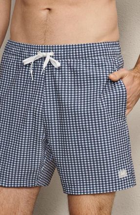 Rhone 5.5-Inch Water Repellent Swim Trunks in Navy Gingham at Nordstrom, Size X-Large