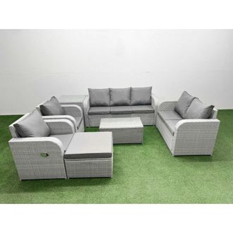 Fimous Pe Rattan Garden Furniture Set Adjustable Chair Sofa Double Love Seat 2 Seater Sofa Lounge Set Oblong Coffee Table Big Footstool Light Grey - Fimous