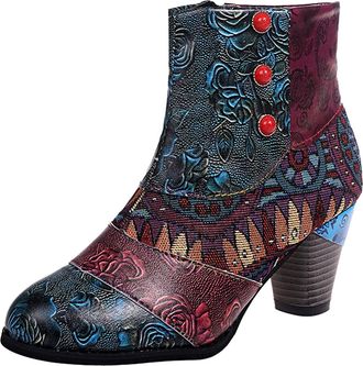 Generic Western Ankle Boots | Ladies Ankle Boots High Heels Chunky Heel Chelsea Boots Women Fashion Print Leather Ankle Boots For Women Elegant Biker Ankle Bo