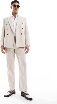 Asos Giacca da abito doppiopetto vestibilità classica in misto lana color pietra con intreccio a cesto-Neutro