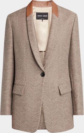 Giorgio Armani Chevron Wool Single-Breasted Blazer with Leather Trim