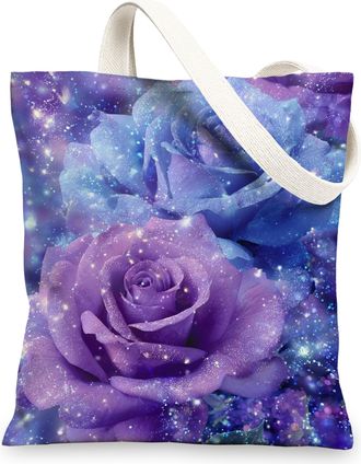 Generic Galaxy Floral Canvas Tote Bag, Sparkly Lightweight Grocery Shoulder Strap Bags 13x15 Inch