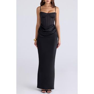 House of CB Valentina Corset Satin Gown in Black at Nordstrom, Size Small