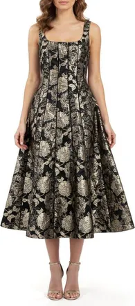 Mila Mae Jacquard Sleeveless Fit & Flare Midi Dress in Black Gold Floral at Nordstrom, Size X-Small