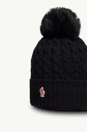Moncler L20983B000010402A999 Fur Pom-Pom Ribbed Knit Beanie - Black