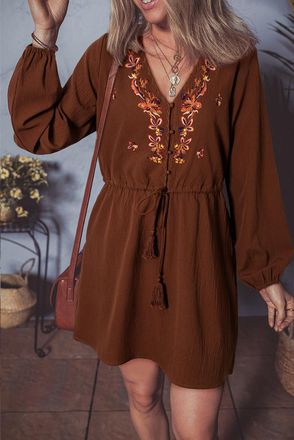 Azura Exchange Womens Embroidered Drawstring Dress - Brown - Size X-Large