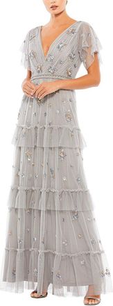 Mac Duggal Mesh Ruffle Embellished Flutter Sleeve Gown