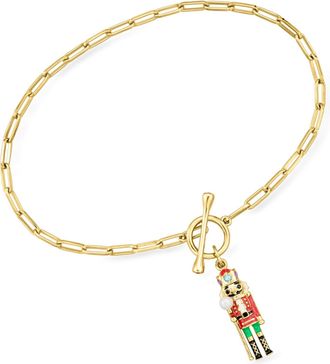Ross-Simons 2.5-3mm Cultured Pearl and. Multi-Gemstone Nutcracker Charm Paper Clip Link Bracelet in 18kt Gold Over Sterling
